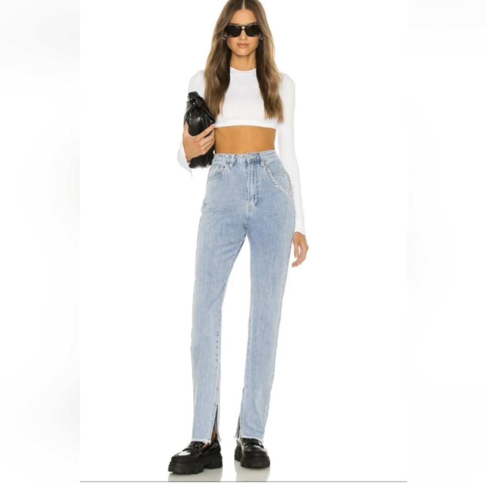 WEWOREWHAT slit hem jean in light blue wash